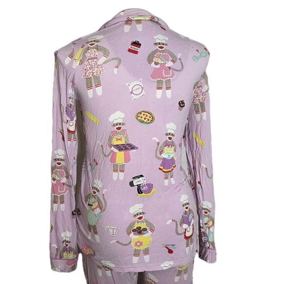 Nick & Nora Sock Monkey Baking Pajama Set Long Sleeve Top & Pants, sz Medium - Picture 2 of 11